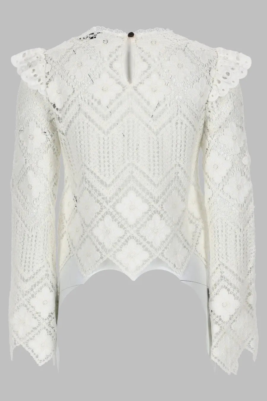 Self-portrait women’s crochet con inserti in pizzo white blouse with delicate lace floral and geometric patterns and ruffled shoulders