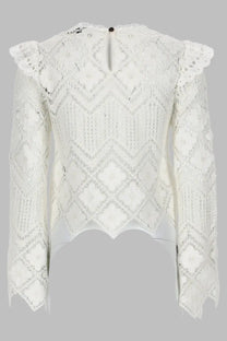 Self-portrait women’s crochet con inserti in pizzo white blouse with delicate lace floral and geometric patterns and ruffled shoulders