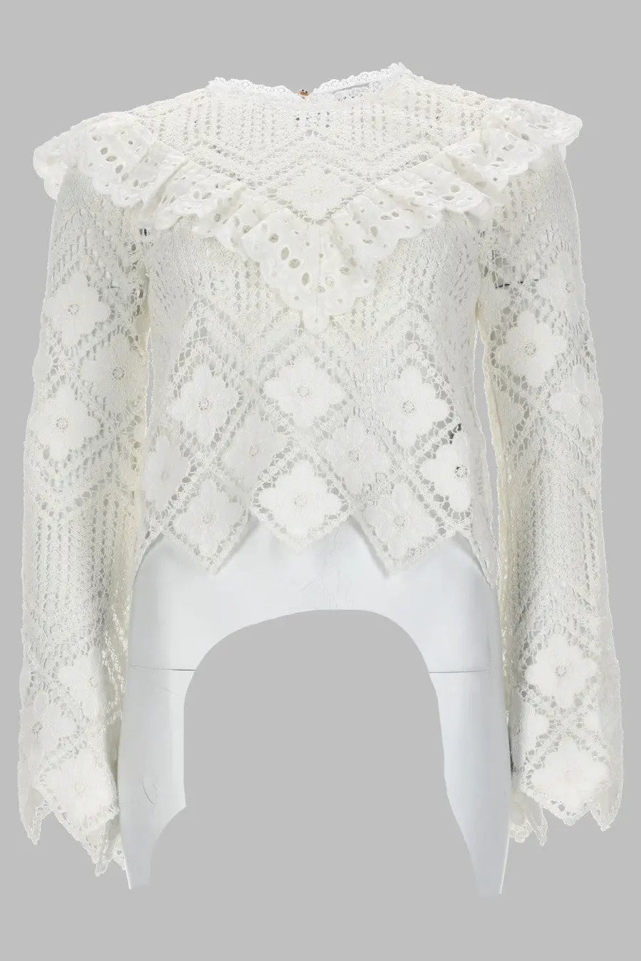 Self-portrait white lace blouse with high ruffled neckline and diamond patterned crochet con inserti embroidery