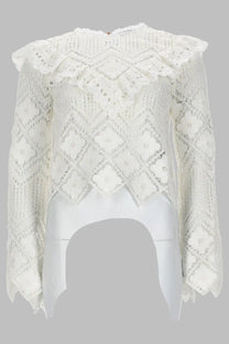 Self-portrait white lace blouse with high ruffled neckline and diamond patterned crochet con inserti embroidery