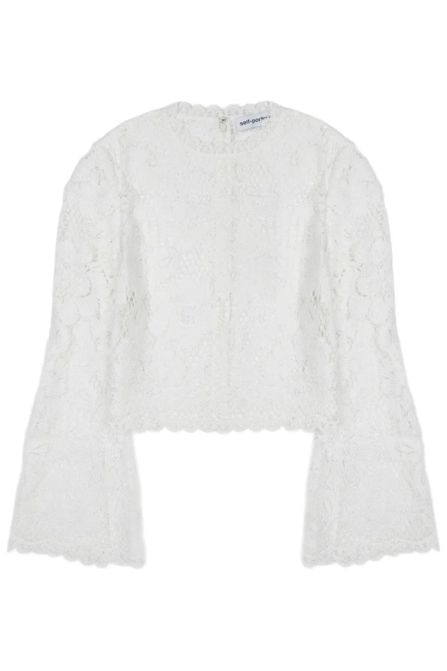 White lace cropped top with bell sleeves and scalloped hem by self-portrait in crochet white material