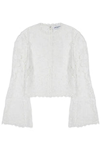 White lace cropped top with bell sleeves and scalloped hem by self-portrait in crochet white material