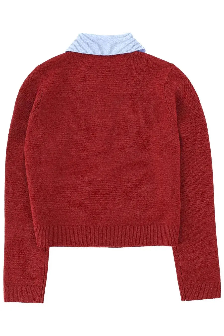Self-portrait women’s red cropped knit sweater with light blue ribbed collar in a polo style top