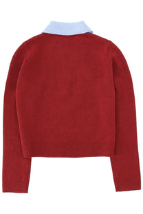 Self-portrait women’s red cropped knit sweater with light blue ribbed collar in a polo style top