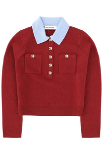 Self-portrait women’s red knit polo sweater with light blue collar and gold tone buttons for stylish casual wear