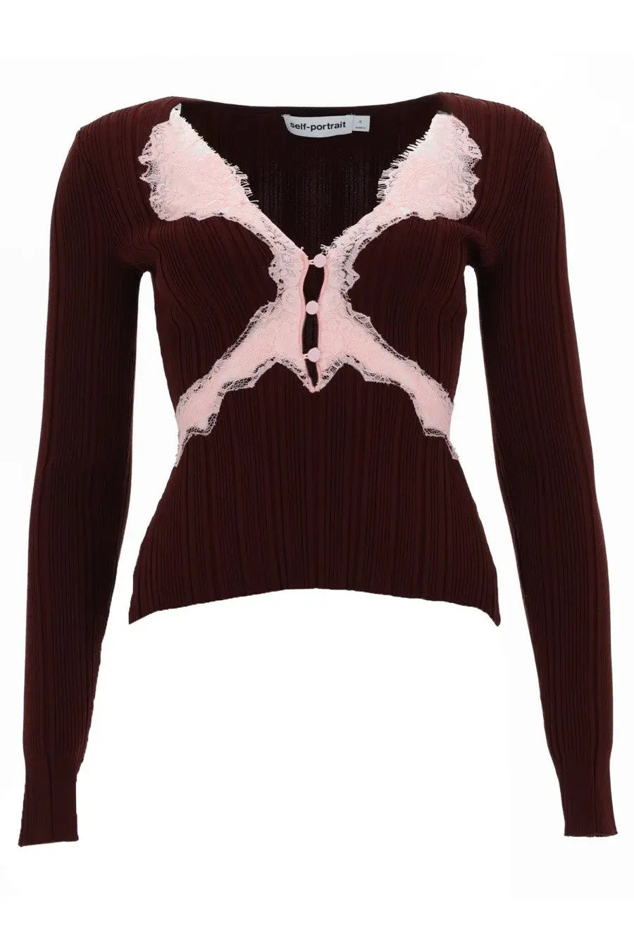 Self-portrait women’s red maroon ribbed knit cardigan with delicate pink lace appliqués butterfly pattern front