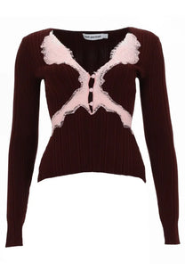 Self-portrait women’s red maroon ribbed knit cardigan with delicate pink lace appliqués butterfly pattern front