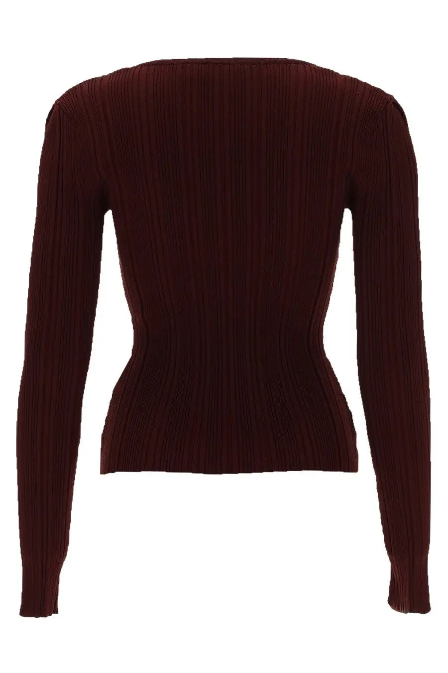 Self-portrait women’s ribbed long-sleeved top in deep burgundy with fitted silhouette and subtle vertical pleats