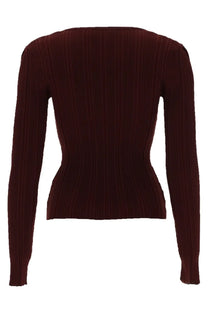 Self-portrait women’s ribbed long-sleeved top in deep burgundy with fitted silhouette and subtle vertical pleats