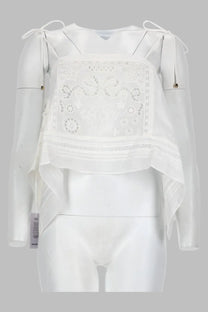 Self-portrait women’s white sheer lace crop top with tie-sleeve detailing and decorative embroidered panel