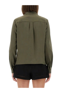Olive green satin twill blouse by self-portrait with buttoned cuffs and subtle back pleat shown from the back