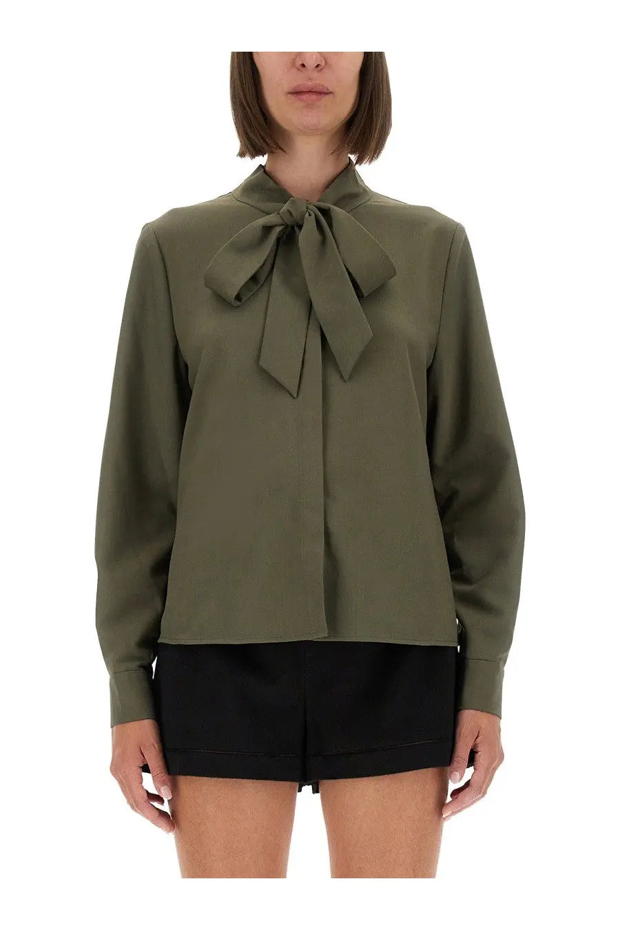 Olive green satin twill blouse by self-portrait with prominent bow neckline for women