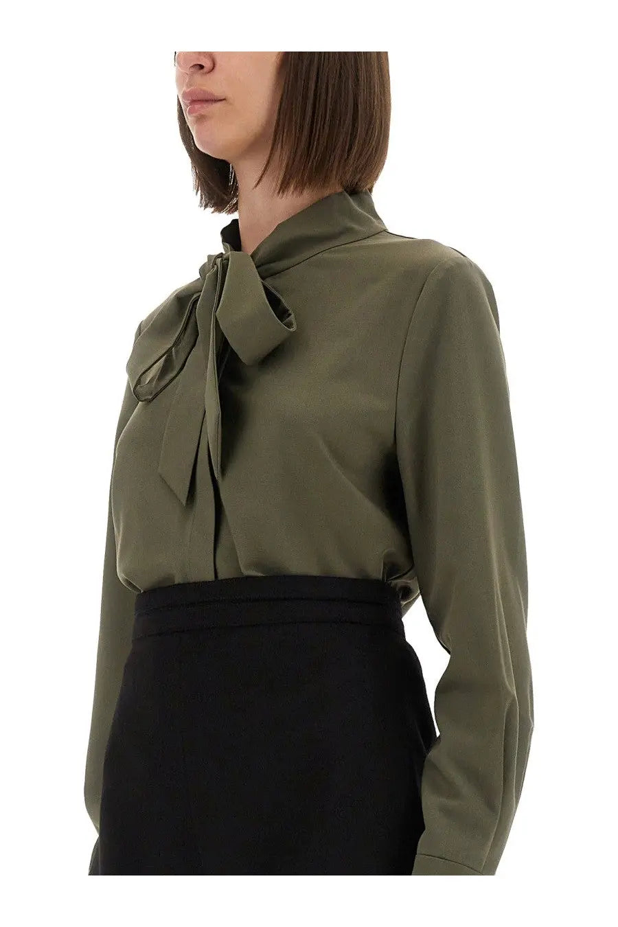 Olive green satin twill blouse with tied necktie detail from self portrait womens shirt collection