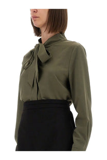 Olive green satin twill blouse with tied necktie detail from self portrait womens shirt collection