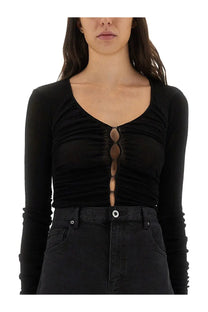 Black viscose knit top for women by self portrait with long sleeves ruched scoop neckline and vertical buttons