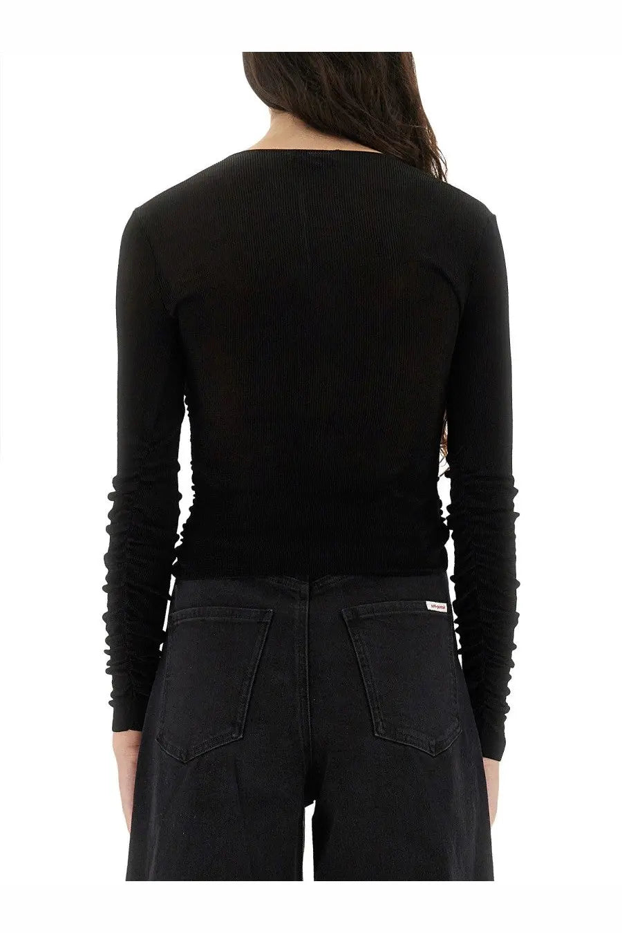 Black ribbed long sleeve viscose knit top with ruched cuffs by self portrait for women