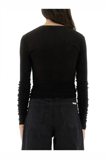Black ribbed long sleeve viscose knit top with ruched cuffs by self portrait for women