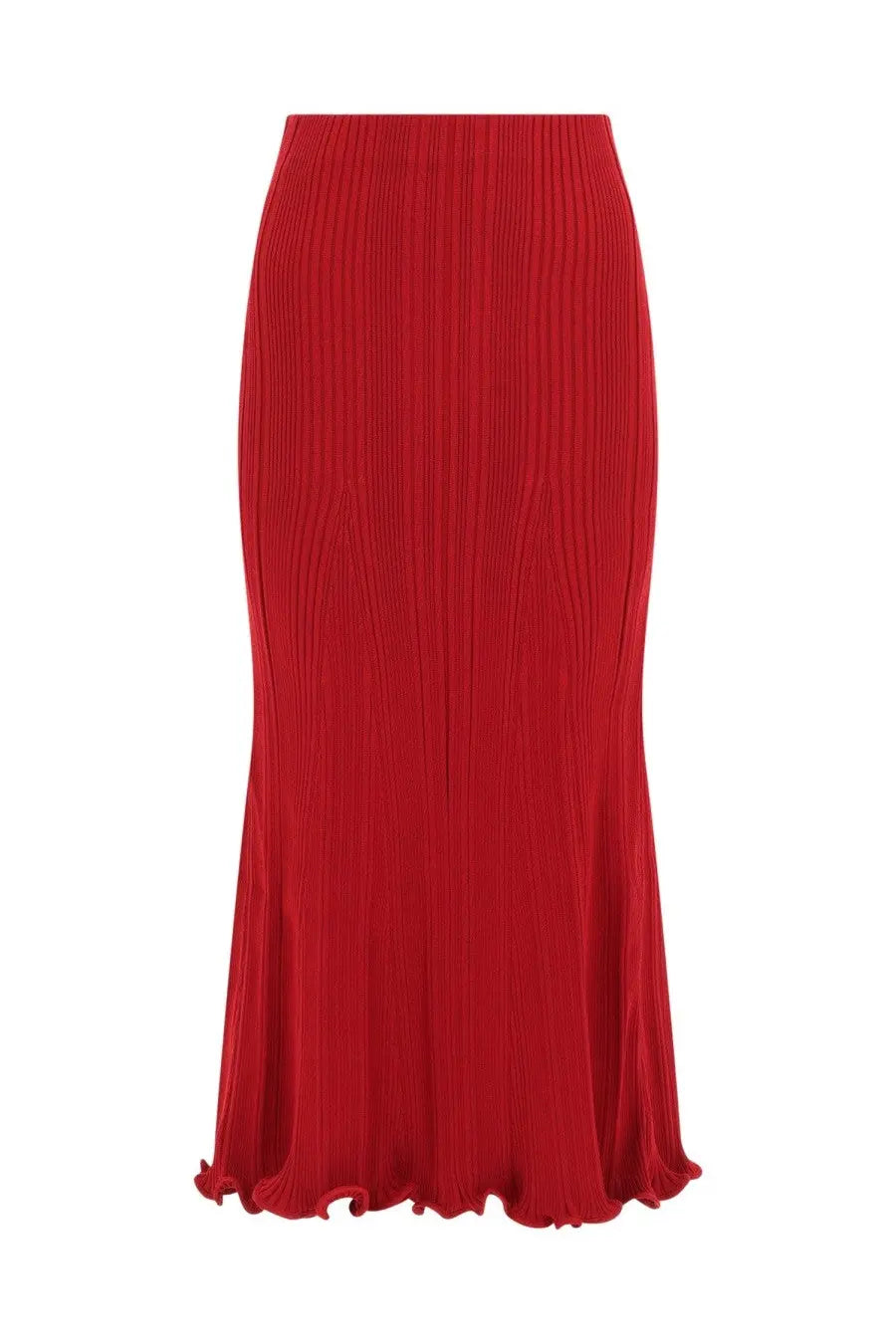 A vibrant red ribbed knit viscose midi skirt with a flared hem by self-portrait for women