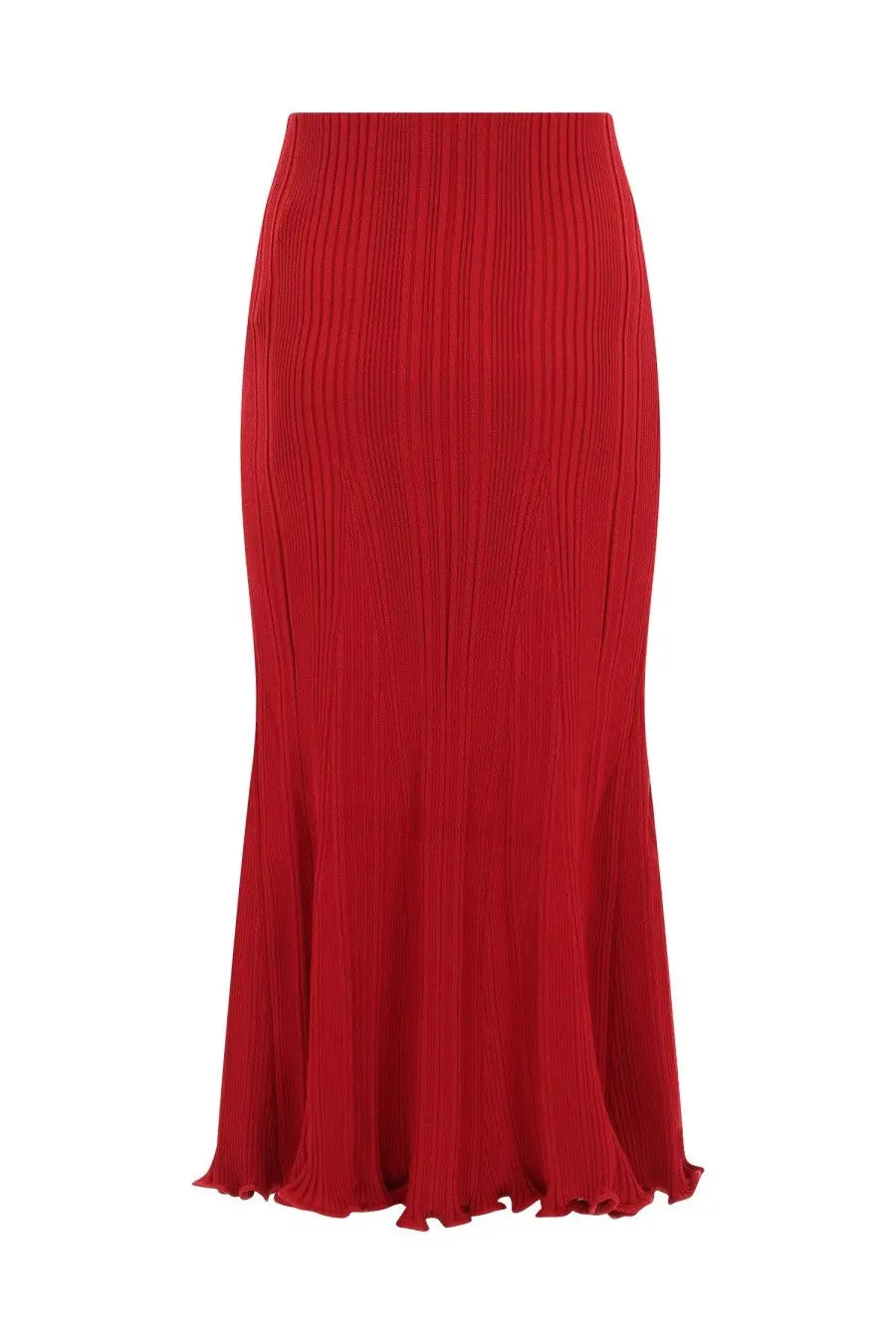 A vibrant red ribbed knit viscose midi skirt with a flared hem by self portrait for women