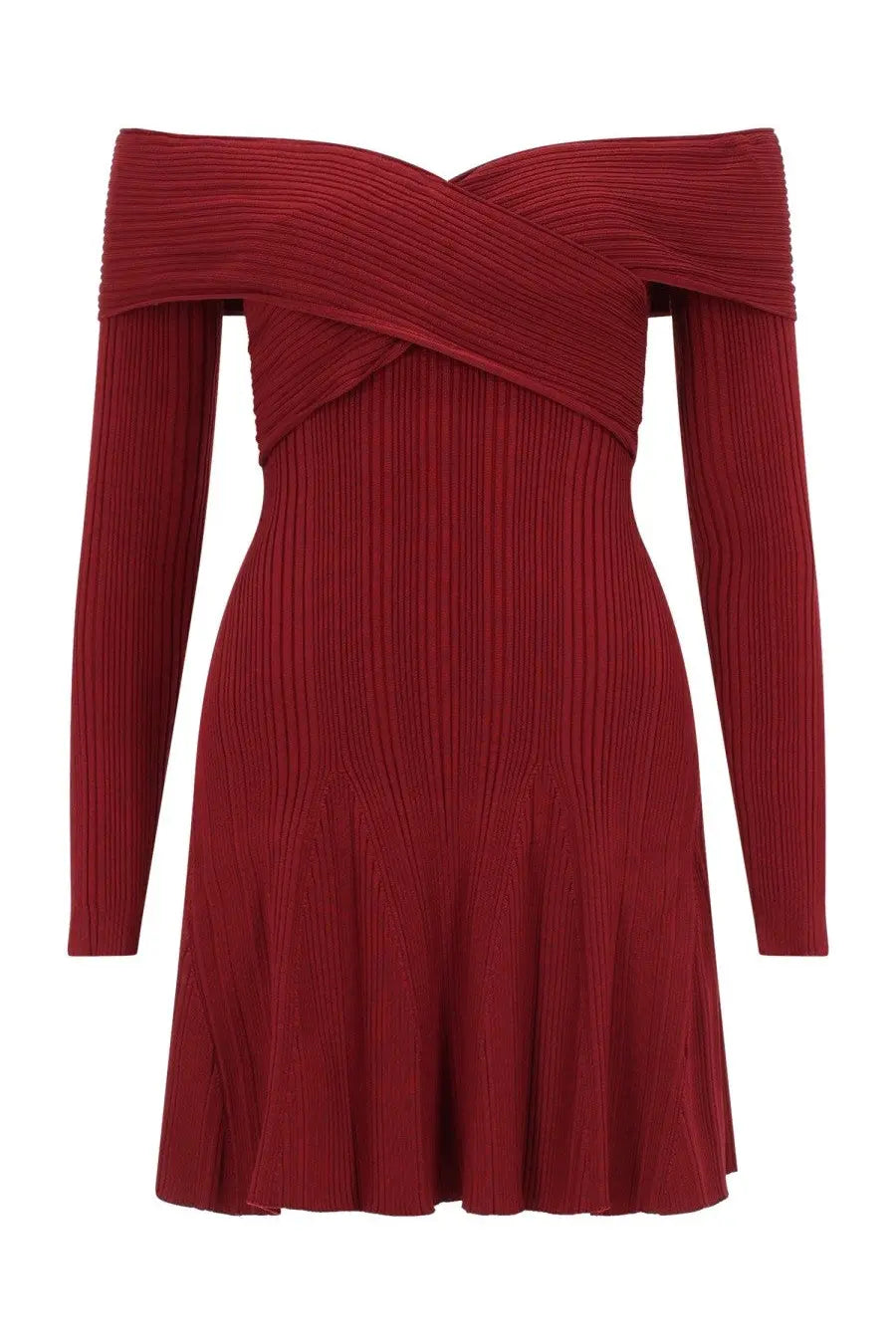 A deep red self-portrait womens viscose mini dress with a crossed off shoulder neckline and pleated texture