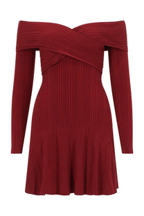 A deep red self-portrait womens viscose mini dress with a crossed off shoulder neckline and pleated texture