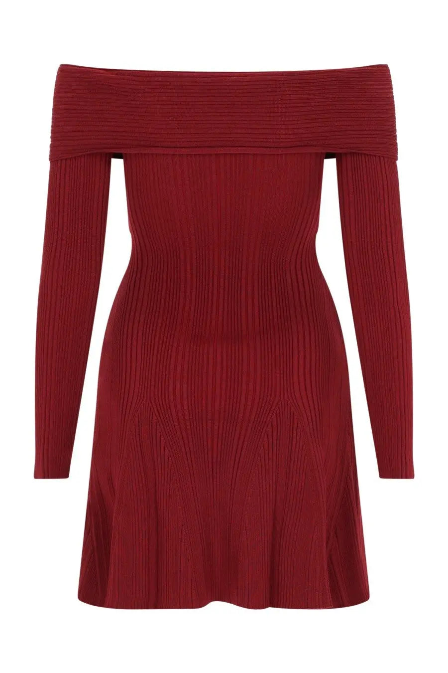 A deep red viscose off-the-shoulder ribbed knit mini dress with long sleeves and a flared skirt by self-portrait