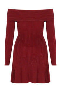 A deep red viscose off-the-shoulder ribbed knit mini dress with long sleeves and a flared skirt by self-portrait
