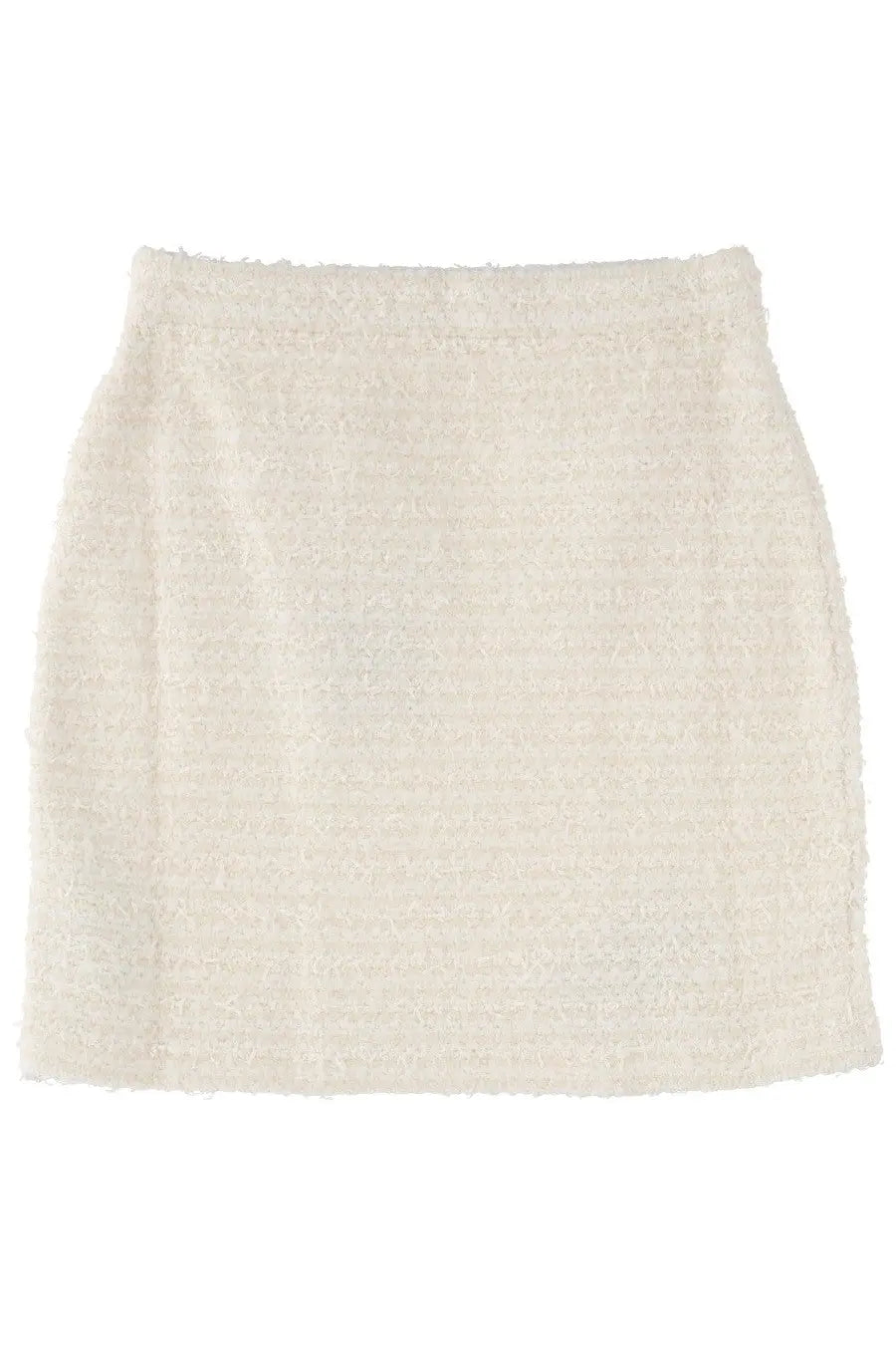 Cream-colored self-portrait wool mini skirt with textured tweed and slightly frayed hem for women in white