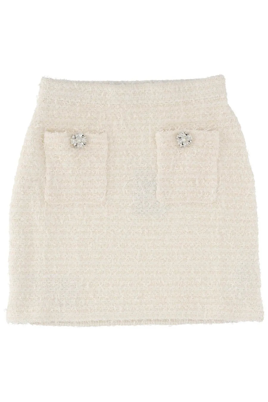 Cream-colored wool tweed miniskirt by self-portrait featuring two front pockets with crystal buttons