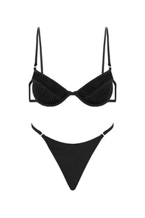 Selia richwood womens amy bikini swimsuit black with ribbed texture, thin straps, and matching thong bottom front view