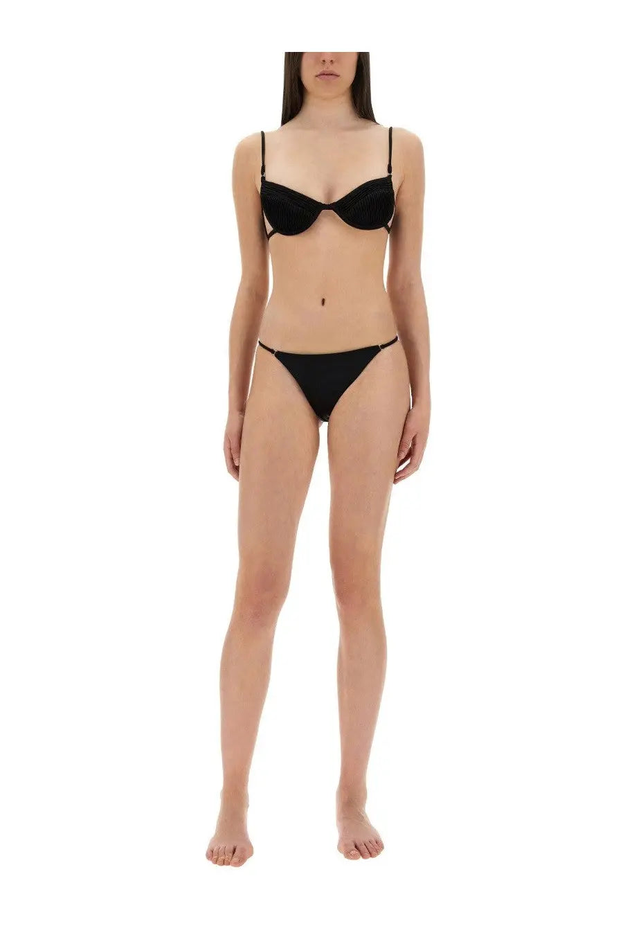Selia richwood women’s amy bikini swimsuit black featuring black satin underwire bra with thin straps and matching bottoms