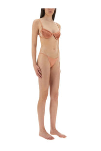 Selia Richwood women’s amy bikini swimsuit blue with a peach-colored textured ribbed bra top and matching thong bottom