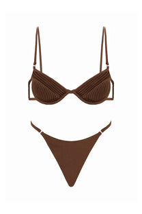 Selia Richwood women’s Amy bikini swimsuit in brown ribbed fabric with thin straps and matching triangle bottom