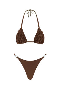 Selia Richwood women’s lia bikini swimsuit brown with ruched triangle top and matching thong bottom with silver hardware