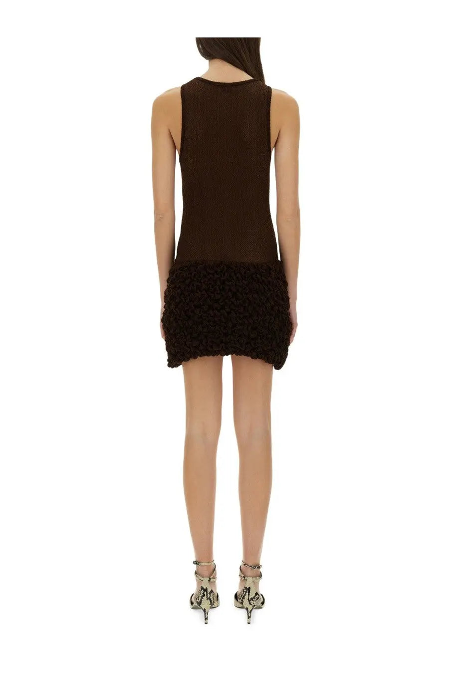 Selia Richwood women’s brown sleeveless mini poncik dress with sheer upper section and textured fluffy hem