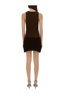 Selia Richwood women’s brown sleeveless mini poncik dress with sheer upper section and textured fluffy hem