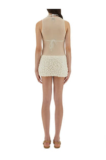Selia Richwood women’s mini poncik dress white featuring an off-white lace skirt with sheer mesh top and adjustable tie-back straps