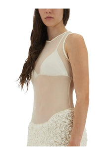 Selia Richwood women’s mini poncik dress in white sheer mesh with structured bra-like bodice and ruffled textured hem