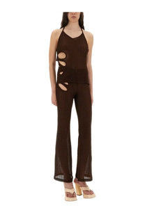Selia Richwood women’s brown ribbed knit halter top with cut-out details and matching flared pants set