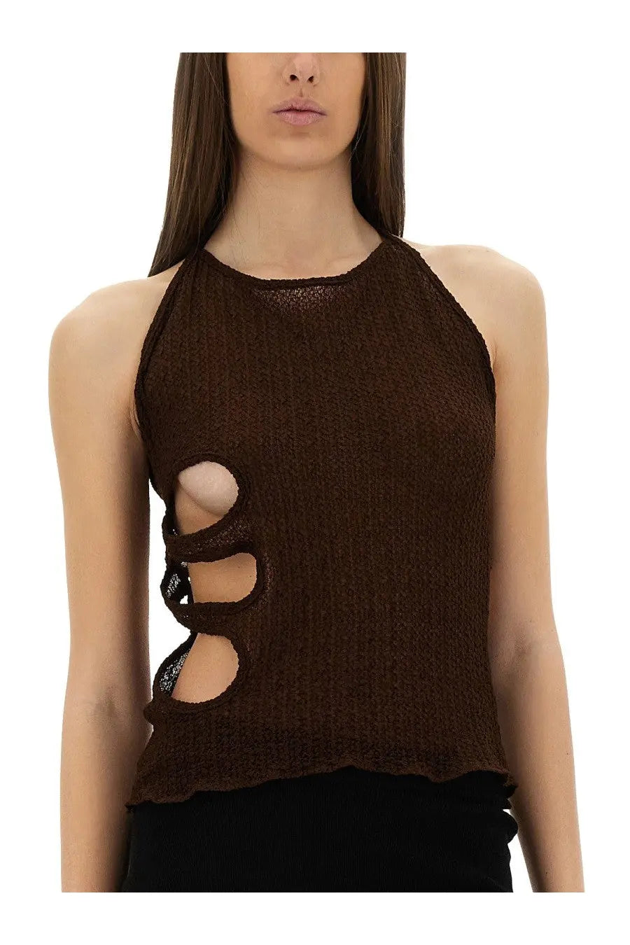 Selia richwood women’s brown knitted halter top with lace cutouts made of soft fabric for stylish summer wear