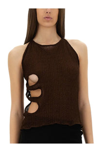 Selia richwood women’s brown knitted halter top with lace cutouts made of soft fabric for stylish summer wear