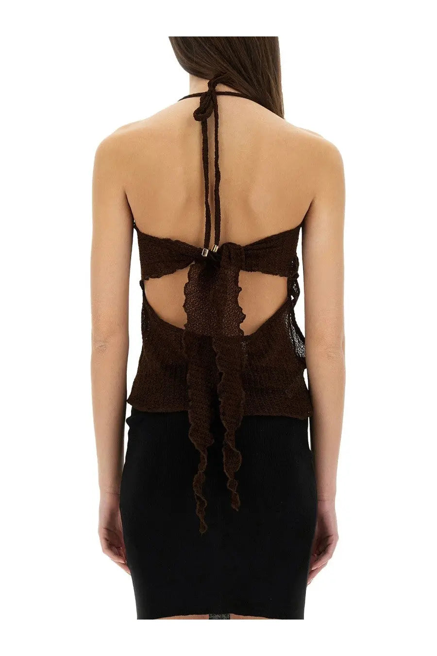 Brown lace halter top with back tie and ruffled detailing shown from the back selia richwood women’s lily brown