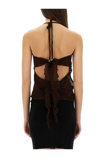 Brown lace halter top with back tie and ruffled detailing shown from the back selia richwood women’s lily brown