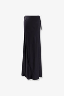 Semicouture womens elvira satin long skirt grey in black satin with side slit and adjustable tie waist detail
