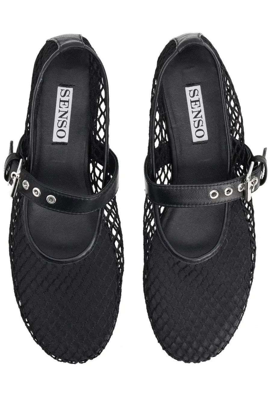 Senso women’s ballerina carina black mesh mary jane flats with leather strap and silver buckle