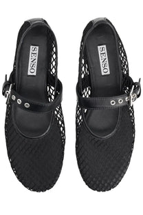 Senso women’s ballerina carina black mesh mary jane flats with leather strap and silver buckle