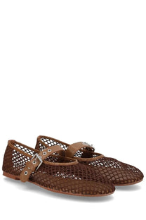 Brown mesh Senso women’s ballerina Carina flats with leather strap and silver buckle
