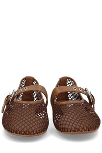 Senso women’s ballerina carina brown mesh mary jane flats with tan leather straps and silver buckle details