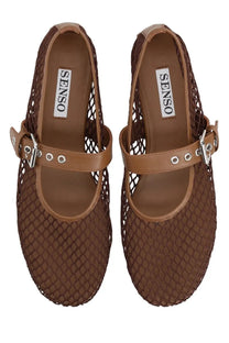 Senso women’s ballerina carina brown brown mesh mary jane flats with tan leather straps and silver buckle details