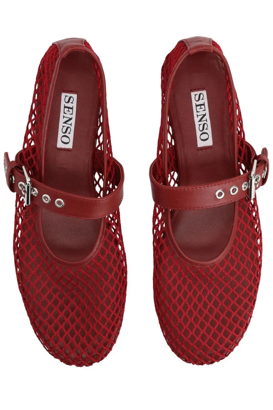 Senso women’s ballerina Carina red mesh mary jane flats with leather strap and silver buckle featuring senso label inside